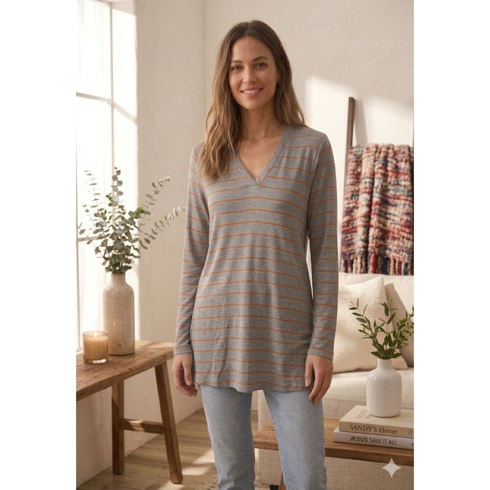 Matilda Jane Windsong Tunic Womens M Gray Orange Stripe Swing Long Sleeve